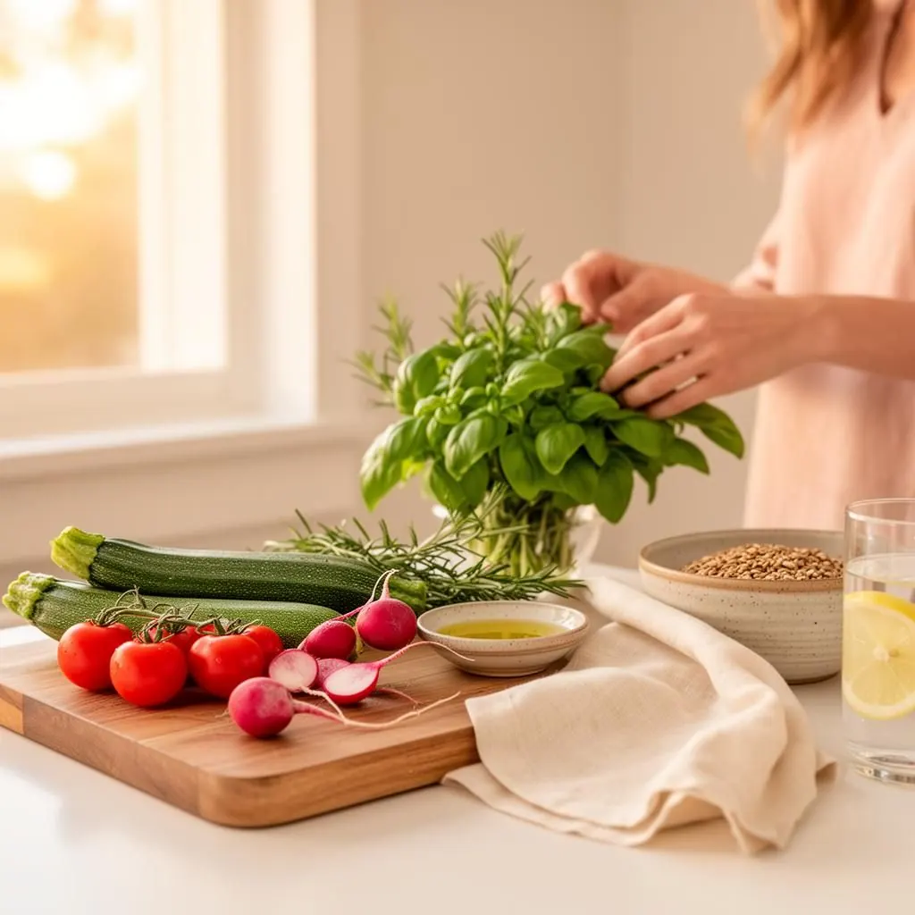 Nicole Verticchio, biologa nutrizionista — cucina luminosa con ingredienti freschi: verdure, erbe aromatiche e olio d'oliva